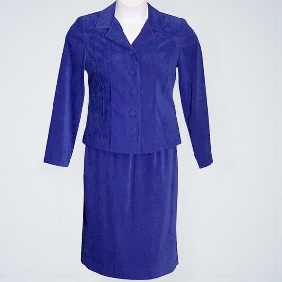 Vintage 80s Leslie Fay Skirt Suit 8P Blue Microsuede Princess Seams Blazer Set - Picture 2 of 10